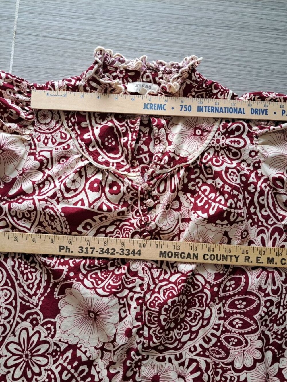 Umgee Burgundy Paisley Floral Print Boho Peasant Blouse Ruffle Sleeves Cotton M - Picture 6 of 9